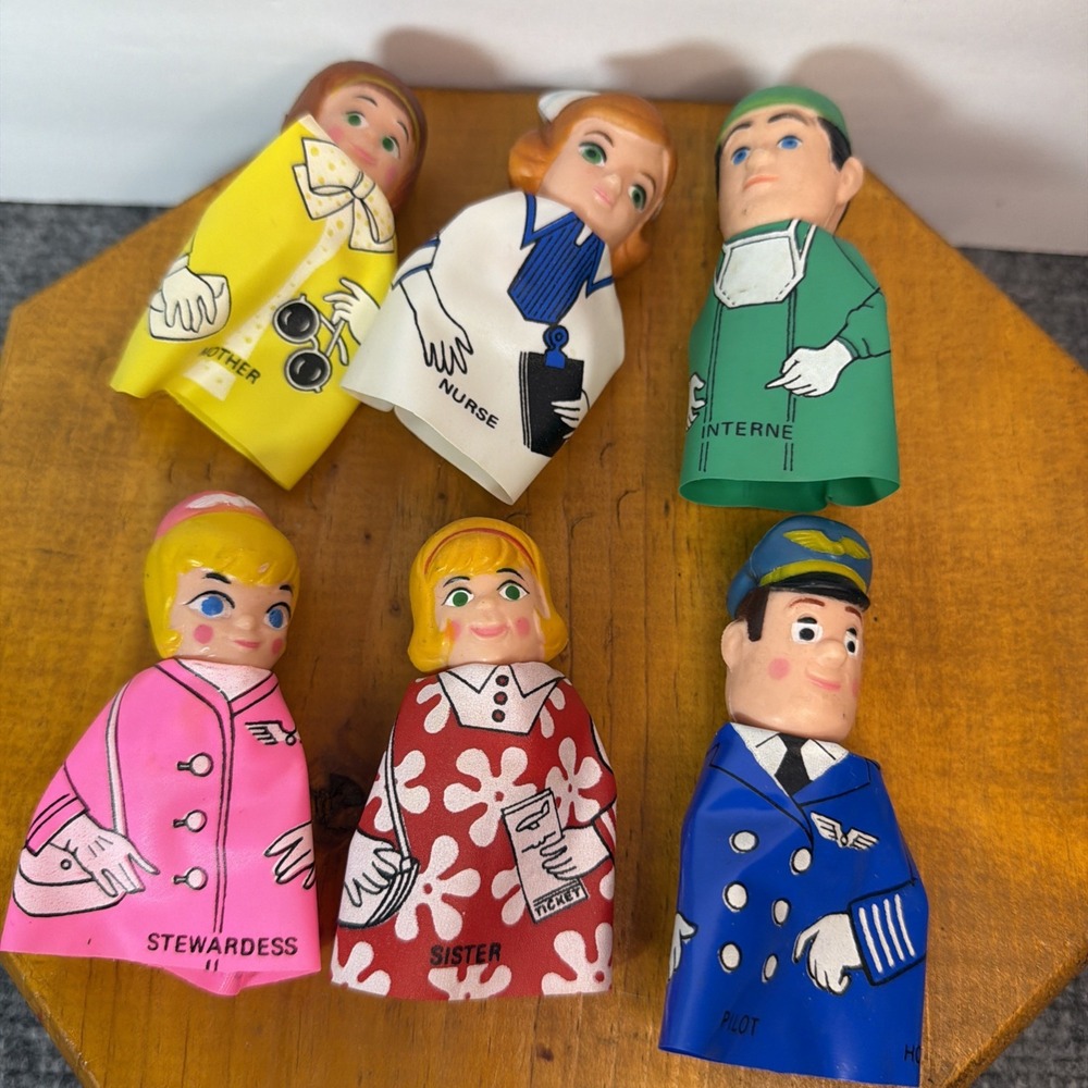 Vintage Hong Kong Plastic Peg Dolls Lot of 6 Occupation Figures Stewardess Pilot